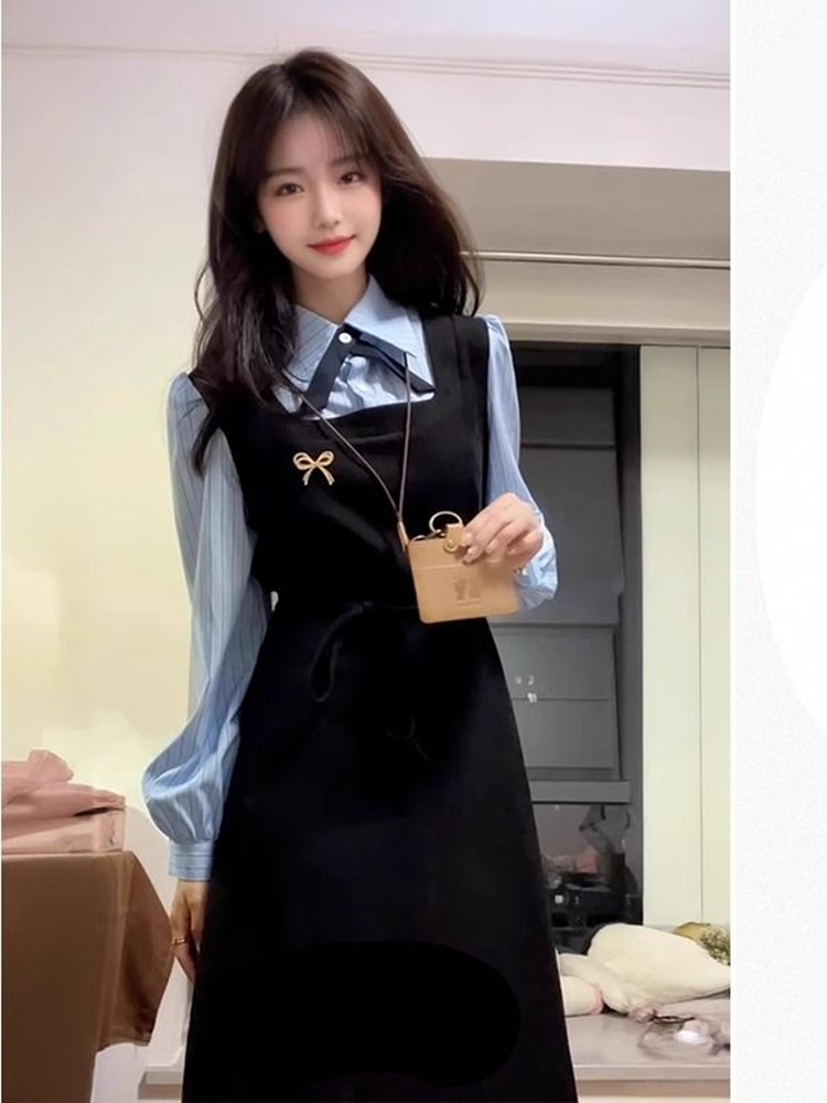 Korean Style A Line Shirt Dress - Elegante zwarte shirtjurk in collegestijl, dames,