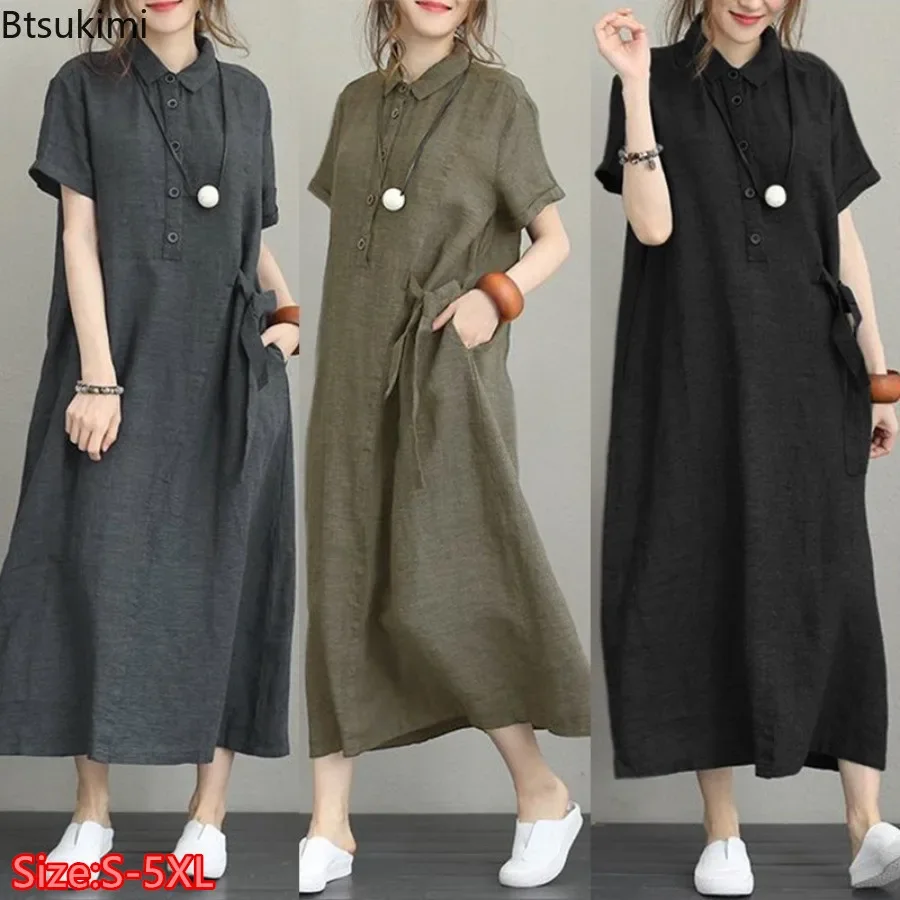 Casual Loose Linen Shirt Dress - 2026 Zomerjurk Eenvoudige Vintage Katoen Linnen