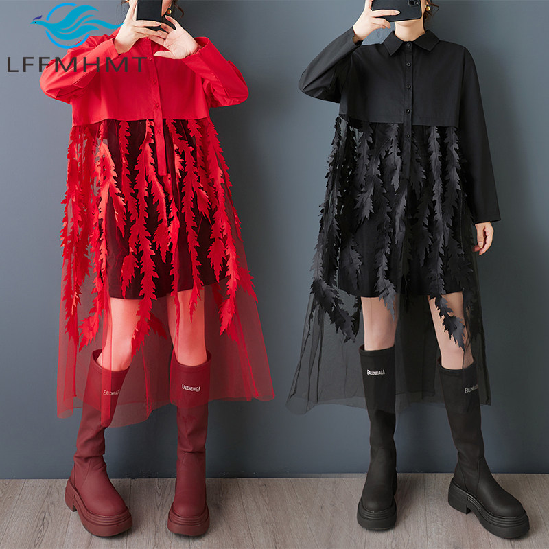 Korean Style A Line Shirt Dress - Lente nieuwe losse overhemdjurk met bloemenprint