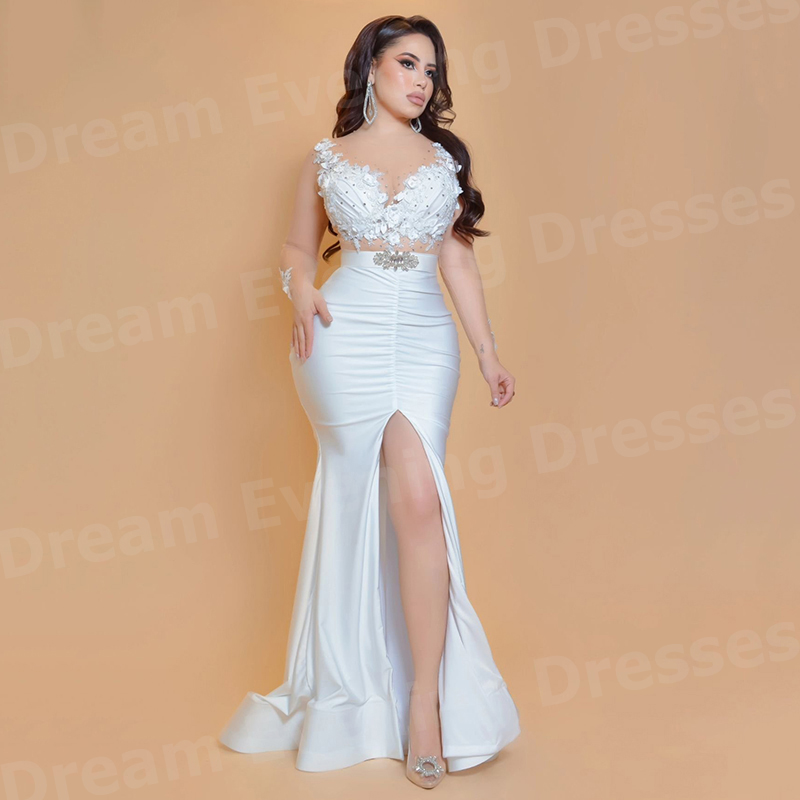 Elegant Satin Evening Gown Split - Elegante witte zeemeermin damesavondjurken met lange