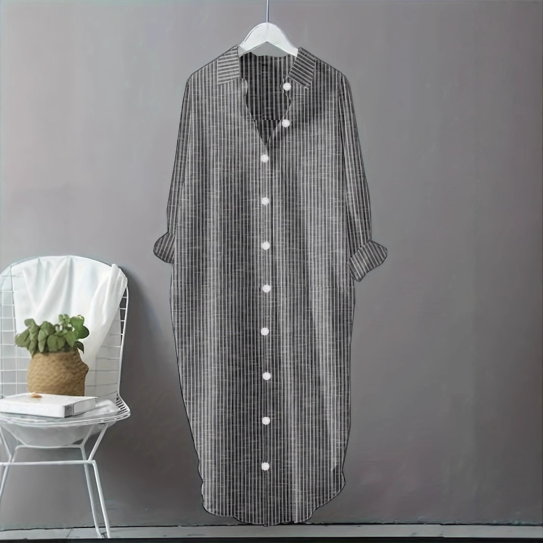 Casual Loose Linen Shirt Dress - Vintage katoenen linnen gestreepte shirtjurk dames