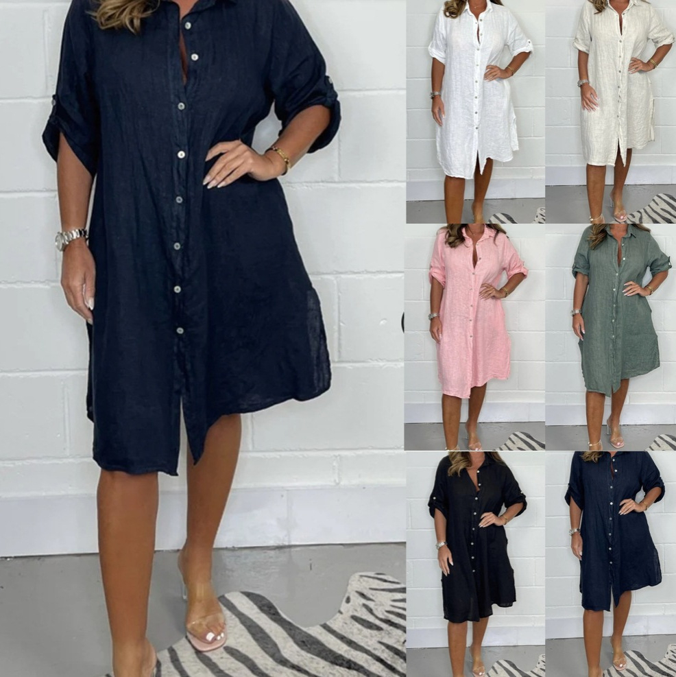 Casual Loose Linen Shirt Dress - Lente Zomer Linnen 3/4 Mouw Losse