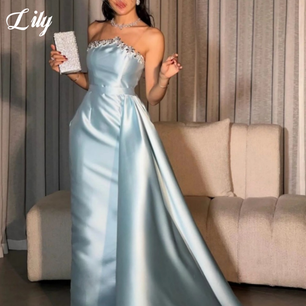 Elegant Satin Evening Gown Split - Lelieblauwe elegante formele jurk Glanzende strasssteentjes