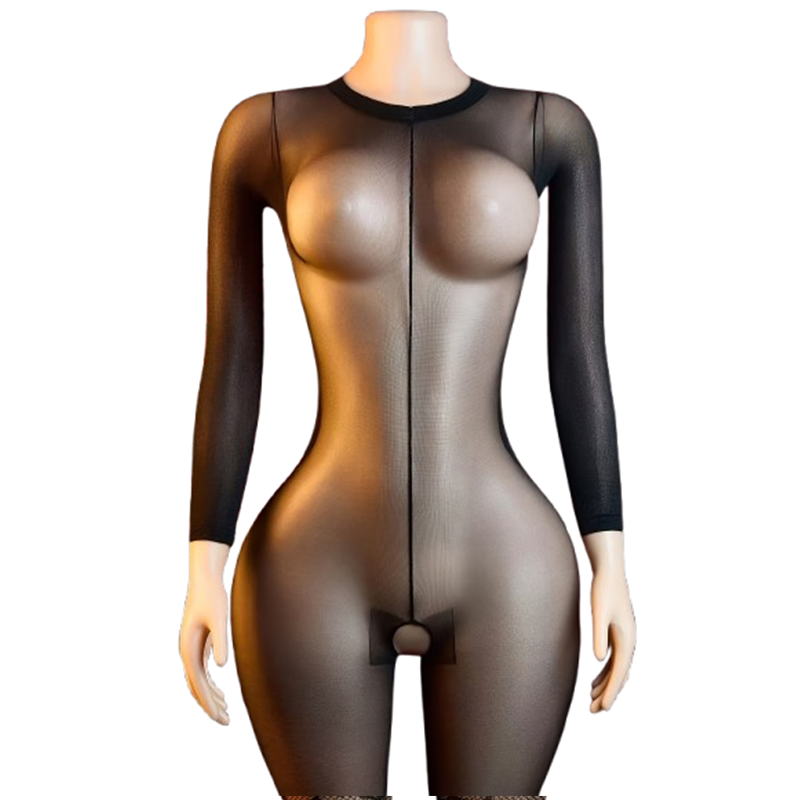 Lingerie - 1-delig doorschijnend zwart mesh bodysuit/kous met
