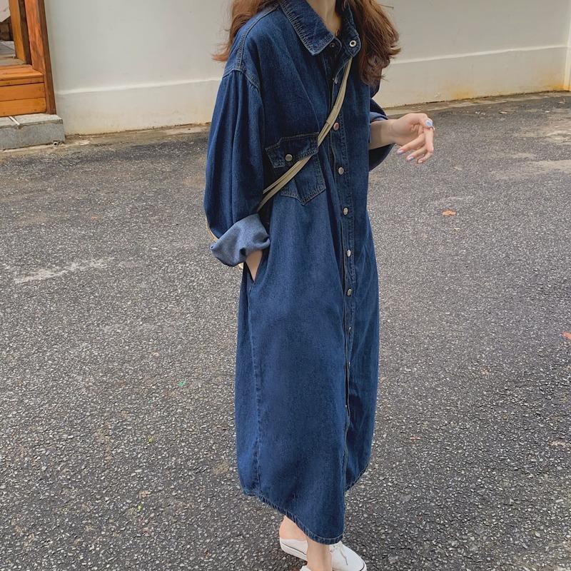 Korean Style A Line Shirt Dress - 2026 Nieuwe Dames Denim Shirtjurk Lange