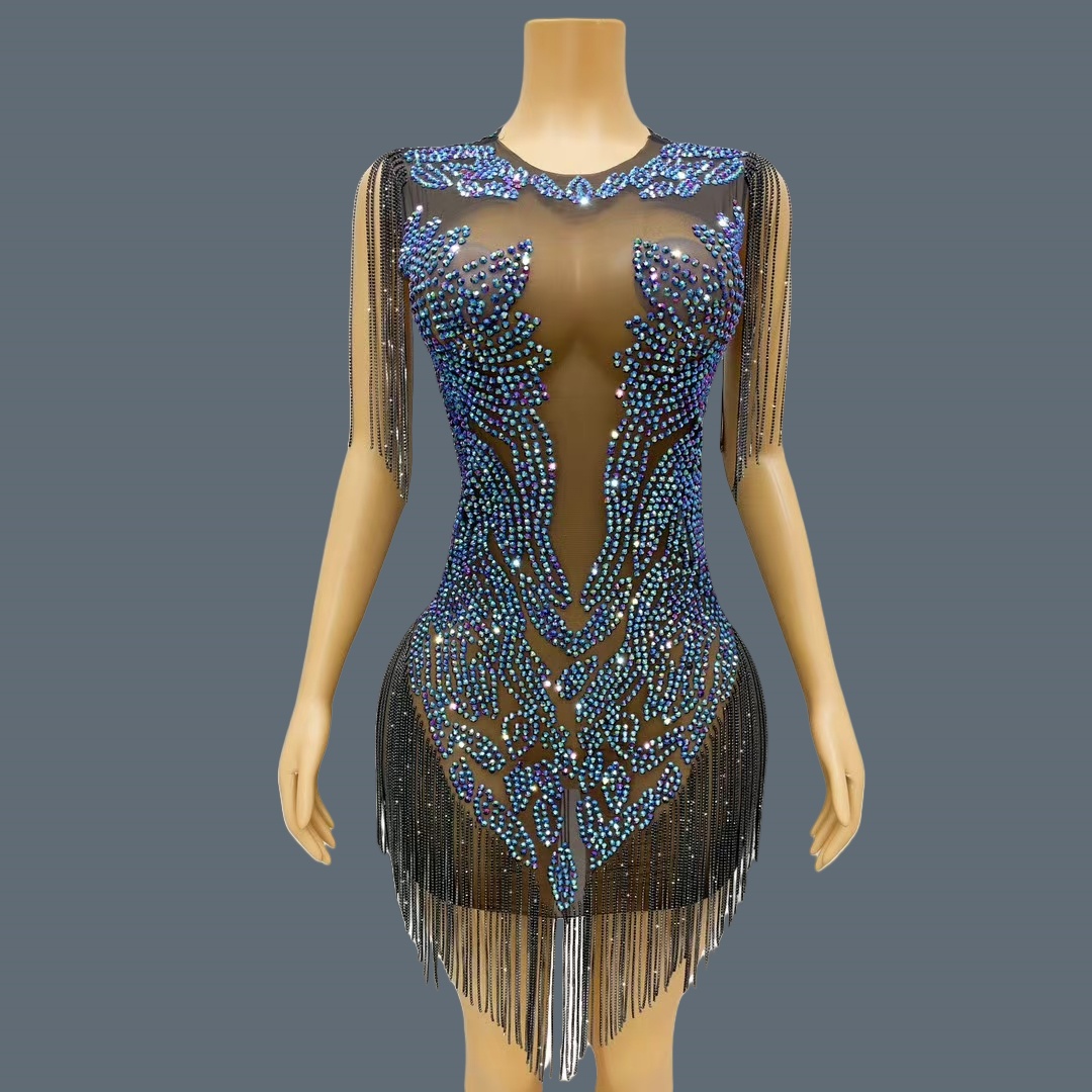 Sparkly Rhinestone Club Party Dress - Elegante dames luxe diner-avondjurk, glinsterende strass-kwastjes,