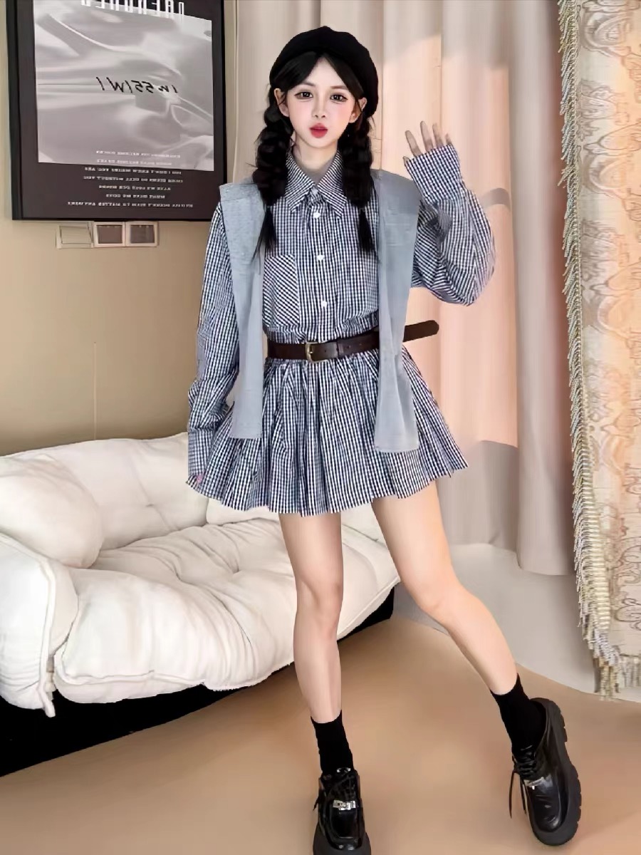 Korean Style A Line Shirt Dress - Vroeg herfst Koreaanse stijl shirtjurk vintage