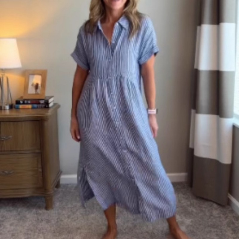 Casual Loose Linen Shirt Dress - Dames gestreepte shirtjurk zomer losse plus