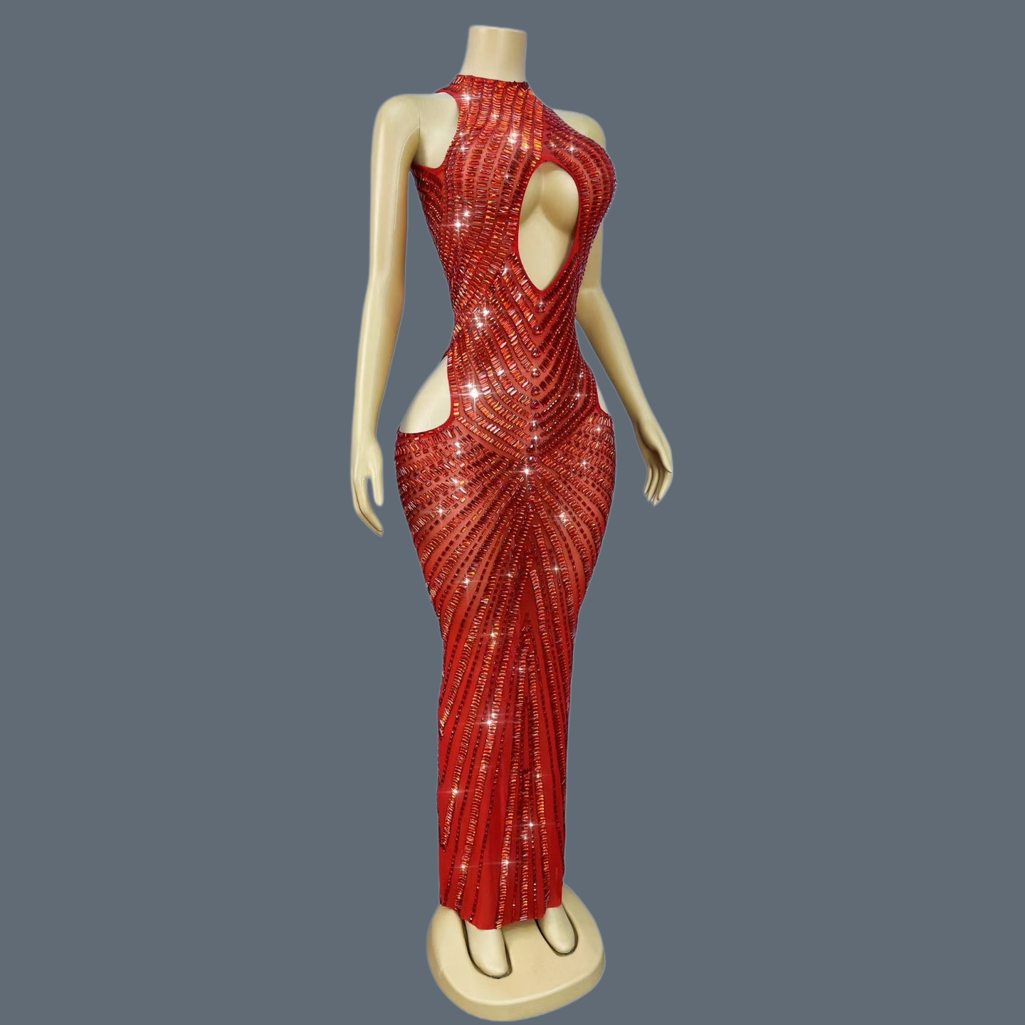 Sparkly Rhinestone Club Party Dress - Luxe rode strass-avondjurk met holle details,