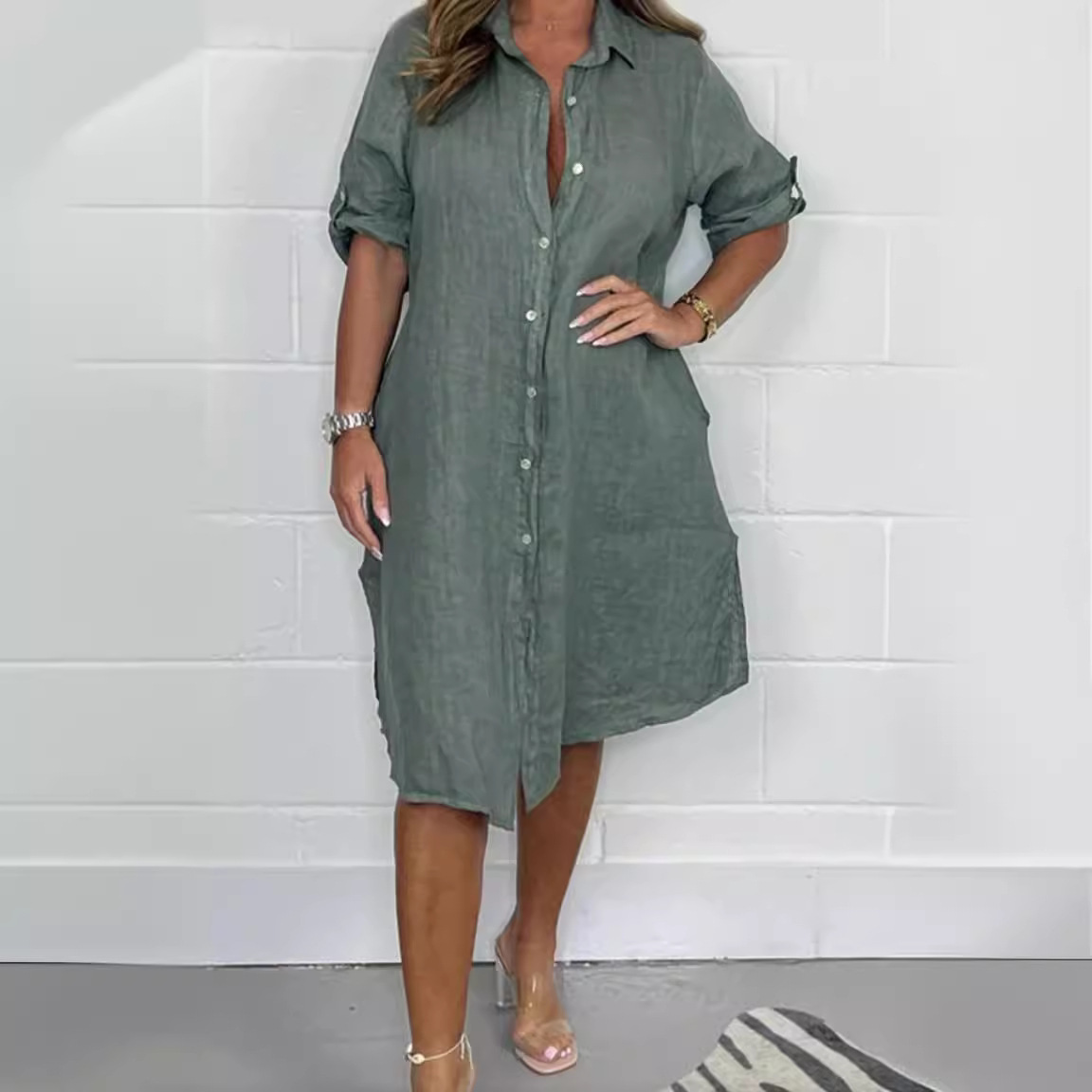 Lente Zomer Linnen 3/4 Mouw Lo - Casual Loose Linen Shirt Dress recensie en prijs