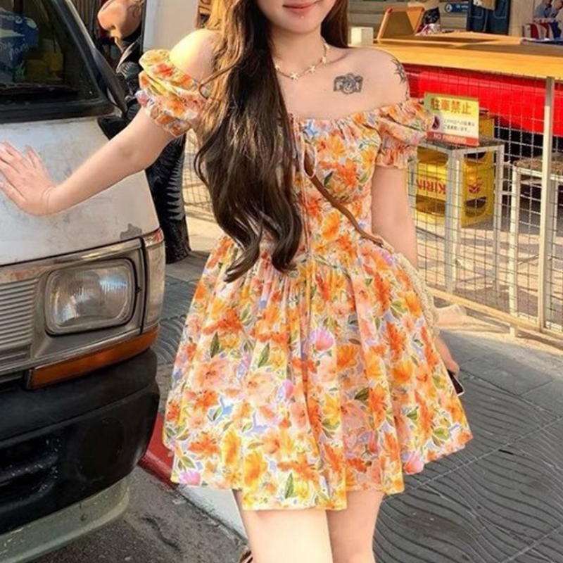 Dames oranje bloemenprint off- - Off Shoulder Puff Sleeve Sundress recensie en prijs