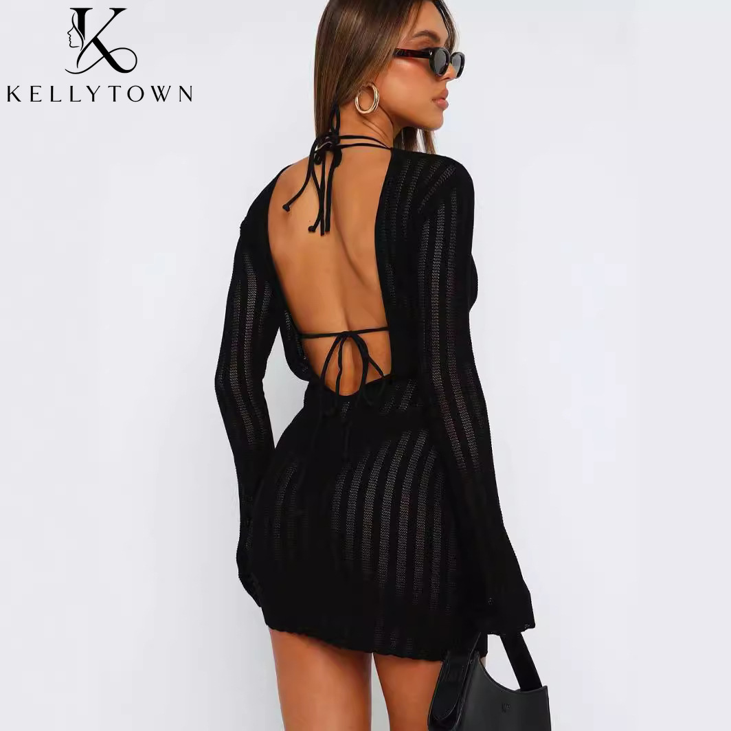 Backless jurk sexy ribgebreide - Bodycon Long Sleeve Ribbed Dress recensie en prijs
