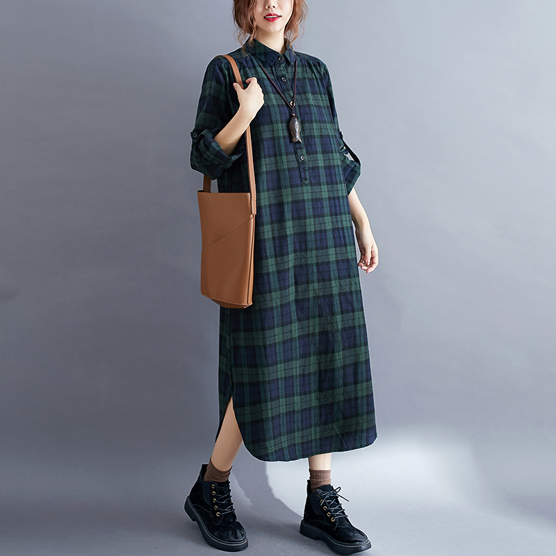 Casual geruite lange mouwen sh - Korean Style A Line Shirt Dress recensie en prijs