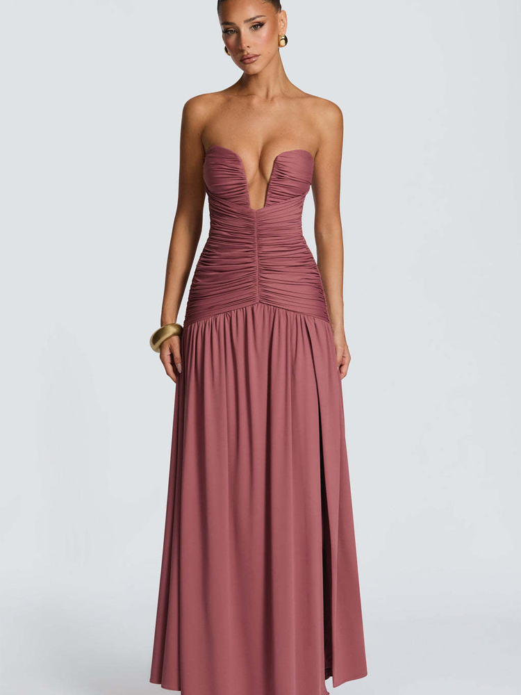 Elegante, effen, geplooide, sl - Elegant Satin Evening Gown Split recensie en prijs